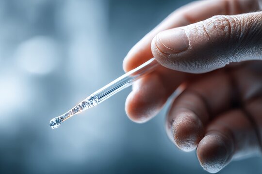 DNA test. Close-up of a human hand holding a saliva collection swab with a droplet at the tip, showcasing the precision of the tool against a blurred background in a clinical setting