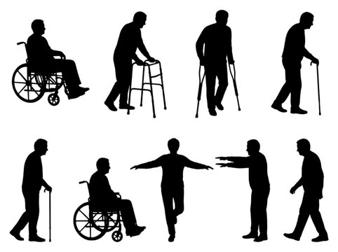 Vector silhouettes of elderly and disabled people with mobility aids for architectural CAD drawings