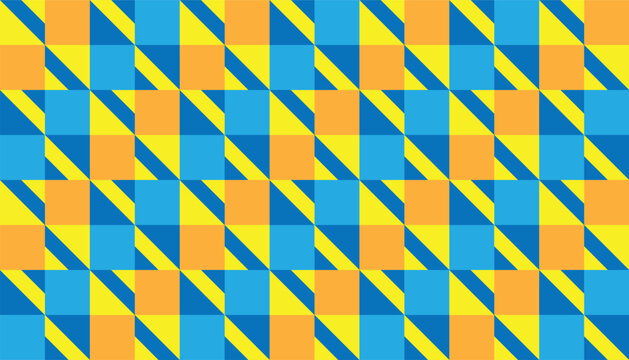 Seamless geometric pattern with colorful squares and triangles in blue, yellow, and orange. Vibrant abstract background with repeating geometric shapes in a modern modular style.