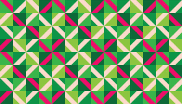 Seamless geometric pattern with abstract triangular and square shapes in vibrant green, pink, and cream colors.