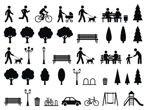 Set of park silhouette elements and outdoor activities vector icons for CAD architectural site plans