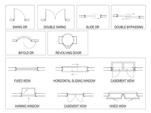 Technical Architectural CAD Symbols Illustrating Various Types of Door and Window Opening Configurations for Construction Blueprint Design