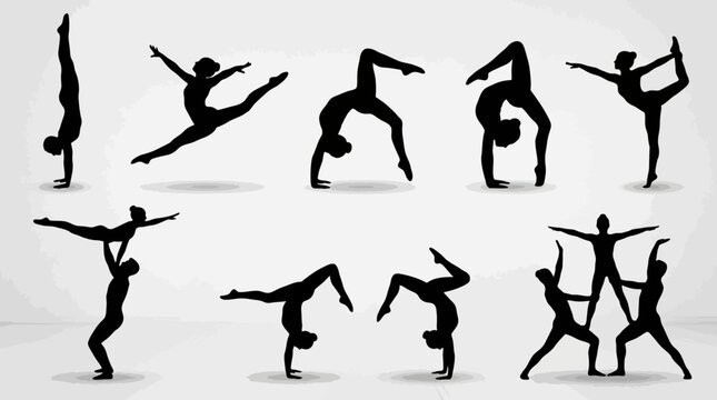 Gymnasts and acrobats silhouettes performing athletic stunts.