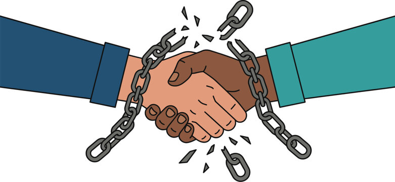Professional vector illustration of two diverse hands performing a firm handshake while breaking free from heavy metal chains representing liberation unity cooperation freedom and overcoming obstacles