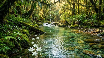 Fototapeta premium Mystical Rainforest Stream with Water Droplets Ripples and Mossy Jungle Background Landscape Asset