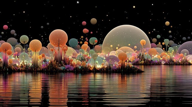 Vibrant hot air balloons floating over water at sunset with reflections