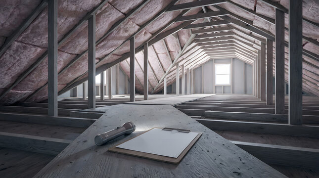 Empty attic with clipboard and tool on a wooden floor, showing home energy inspection, insulation planning, renovation, and residential energy assessment