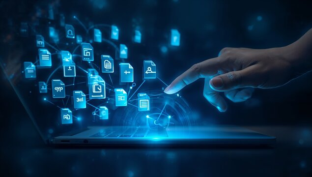 Hand Typing on Backlit Keyboard with Digital Icons in Dark Technology Setting