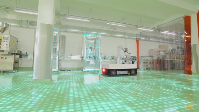 Pharmaceutical industry. Pharmaceutical packaging line. Smart factory inside. Automated production of pharmaceutical, cosmetic, or food products using robotics and AI-based control.