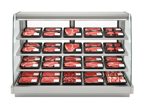 Variety of raw meats on display in a refrigerated storage case isolated on transparent background