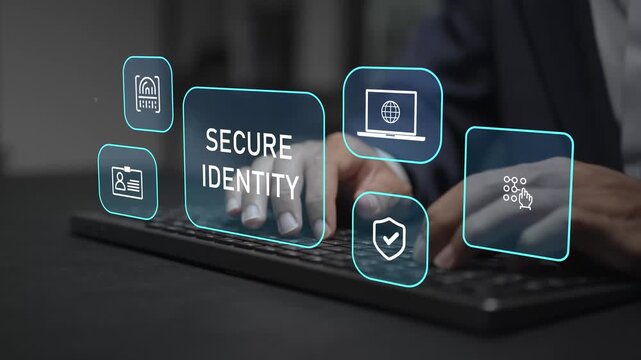 Secure digital identity management concept. Person typing keyboard with biometric authentication and security icons, user verification, privacy protection and cyber security solutions.