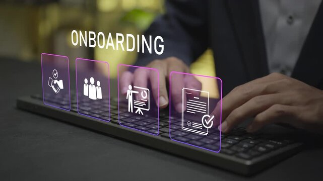 Onboarding concept. Person typing keyboard with employee integration and workflow icons, new hire orientation, user registration and business process management.