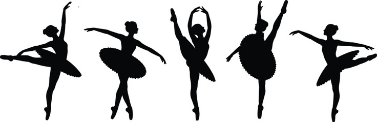 Five Black Silhouettes of Ballerinas in Various Poses on a White Background Keywords: ballet, ballerina, dancer, dance, silhouette, pose, pirouette, arabesque © Rezwan