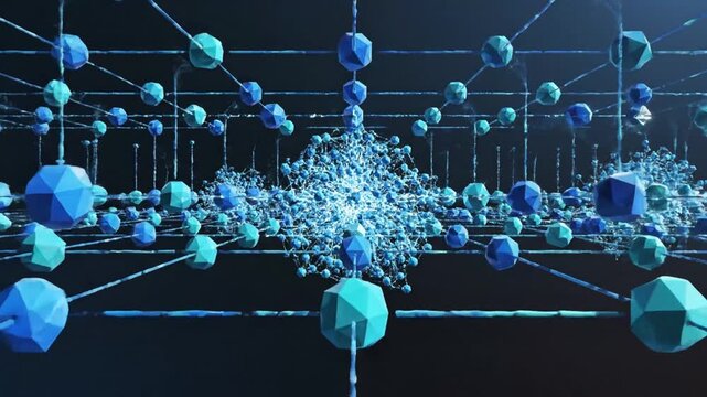 Abstract blue geometric structure with interconnected nodes and particles