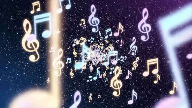 Colorful musical notes swirl and flow through a starry background, creating a dynamic visual rhythm and movement in a vibrant cosmic setting