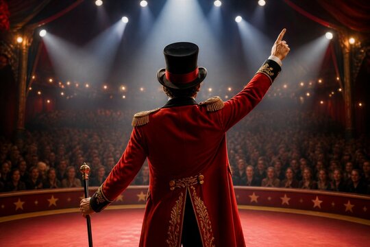 Ringmaster addressing audience in illuminated circus ring
