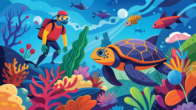 A man swimming underwater alongside a turtle, surrounded by vibrant marine life and clear blue water