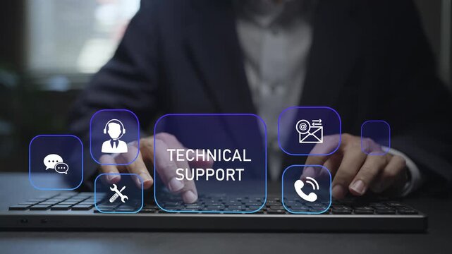 Online technical support platform concept. Person typing keyboard with repair and customer support icons, remote troubleshooting, technology support and digital service assistance.