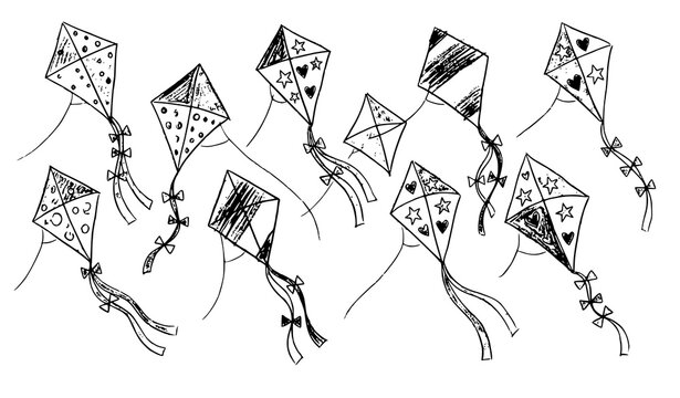 Hand Drawn Childlike Kites with Crayon Style Patterns Vector Collection