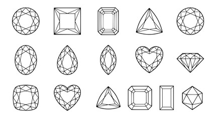 Diamond icon set with brilliant cuts and gemstone shape collection