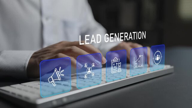 Lead generation concept. Person typing keyboard with customer acquisition and marketing icons, prospect targeting, sales funnel optimization and business growth.
