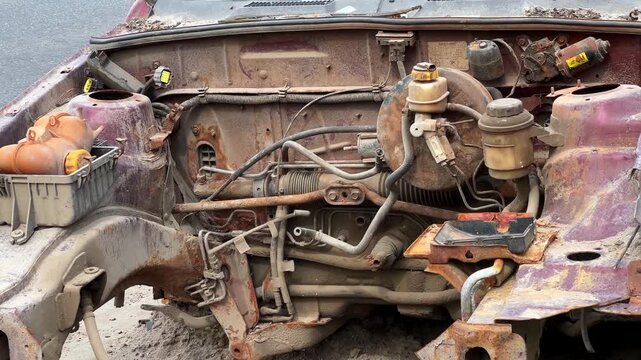 Rusted car engine bay with missing engine, showing decay and mechanical parts