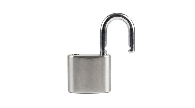 Open metal padlock centered with copy space isolated transparent background security concept