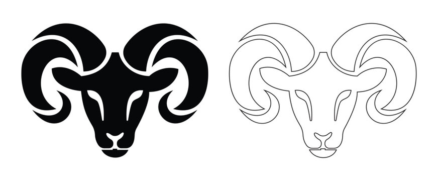  Black Silhouette of ram head  and outline graphic for zodiac aries or livestock animal themes