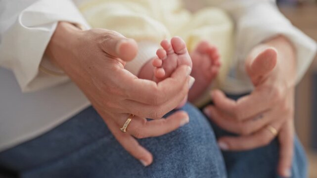 Newborn baby feet gently cradled by woman's hands with ring and painted nails on lap in studio, soft yellow outfit and denim; tenderness bonding comfort.