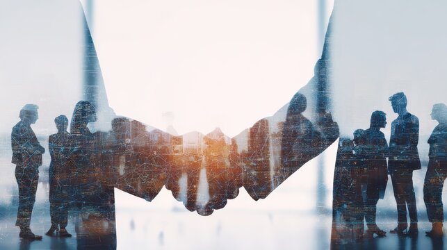 Business handshake overlayed with city skyline during bright daylight conceptualizing partnership and success
