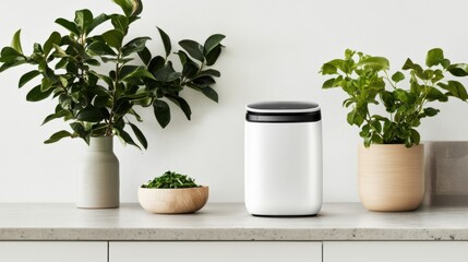 Fototapeta premium Stylish White Storage Container with Fresh Green Plants for Trendy Spaces