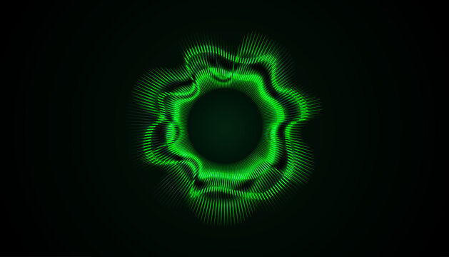 Radial audio equalizer with vibrant green neon light waves pulsing in a circular motion. For music production, DJ visuals, podcasts, and digital sound technology concepts.