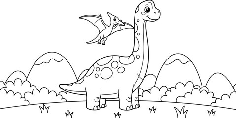 Friendly dinosaur and pterodactyl coloring page for kids with mountains and clouds © AshrafulHaque