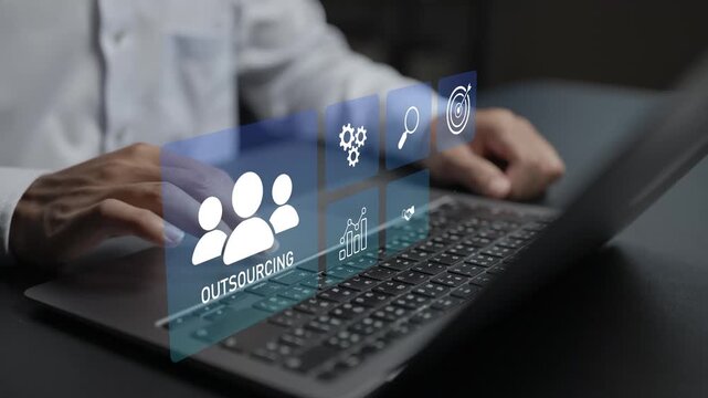 Digital outsourcing management concept. Person using laptop with remote collaboration and workflow icons, external resource allocation, business process outsourcing and organizational efficiency.