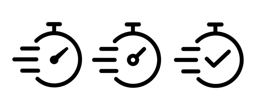 time fast approval check mark stopwatch icon set vector. Quick verification and completed task symbols for web and mobile UI design