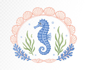 Obraz premium Blue seahorse with pastel shell wreath, seaweed and coral branches, cute coastal nursery clipart on transparent background. Vector illustration.