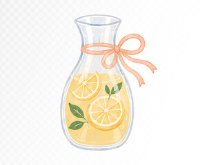 Glass pitcher of homemade lemonade with lemon slices, mint leaves and peach ribbon, refreshing summer drink clipart. Vector illustration. © Daria