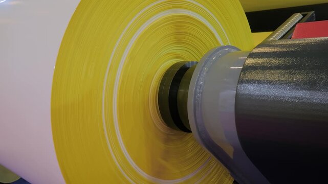 Feed roll with multilayer plastic film - part of automatic plastic bag making machine at packaging exhibition, factory: close up. Manufacturing, recycling, production and technology equipment concept