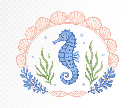 Blue seahorse with pastel shell wreath, seaweed and coral branches, cute coastal nursery clipart on transparent background. Vector illustration.