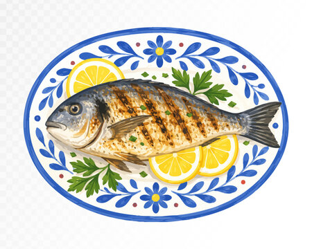 Grilled whole fish with lemon slices, herbs and parsley on blue ceramic plate, seafood dinner clipart for menus. Vector illustration.