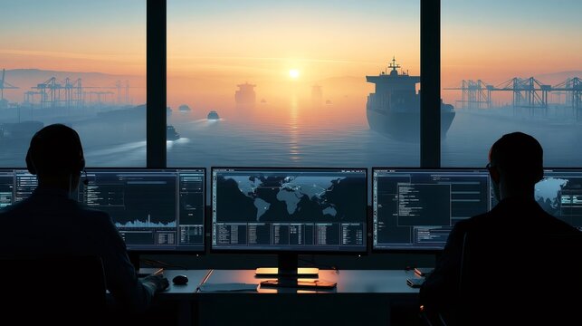 Dispatchers at desks monitor multiple screens with maps, dashboards and data, overseeing vessel movements and supply chain operations at a busy port at sunset