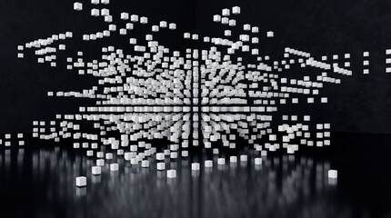 Obraz premium Minimalist Geometric Pattern Composed Of Thousands Of Tiny White 3D Cubes Floating In Space