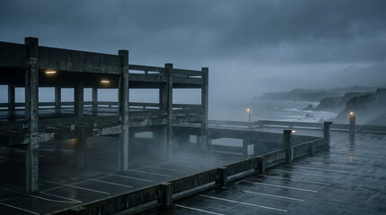 Fototapeta premium An Empty Coastal Parking Deck During An Overcast Misty Twilight Heavy Sea Fog Rolling In