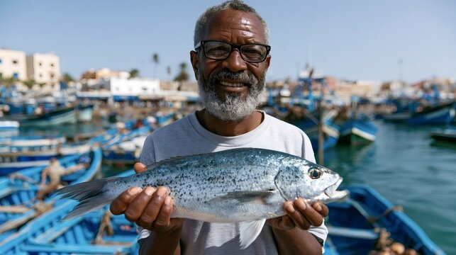 African fisherman holding a freshly caught fish with both hands smiling at the camera, showing a successful catch in the bustling essouira harbor full of traditional blue boats