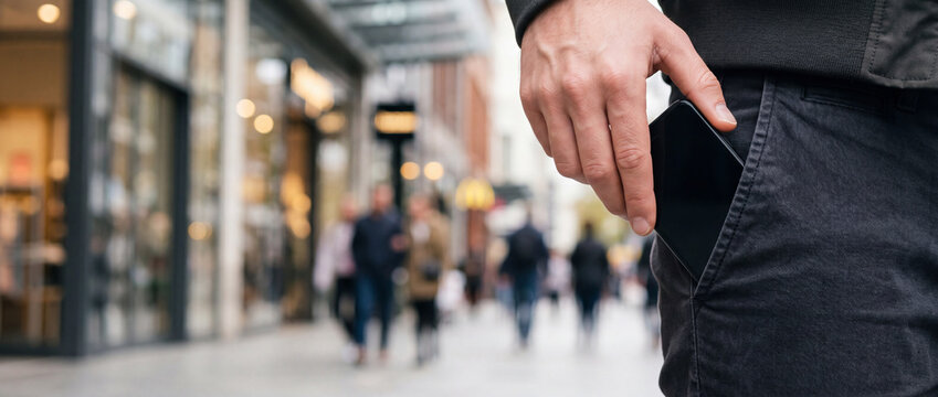 Hand placing smartphone in pocket on busy city street with blurred shopping crowd background