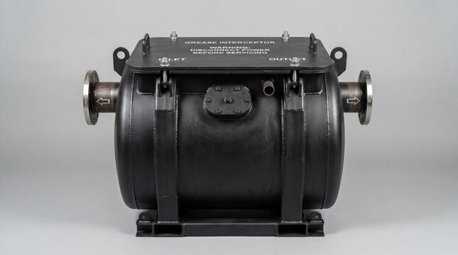 Front Facing View Of An Uninstalled Heavy Duty Steel Grease Interceptor Tank Crisp Industrial Design Style