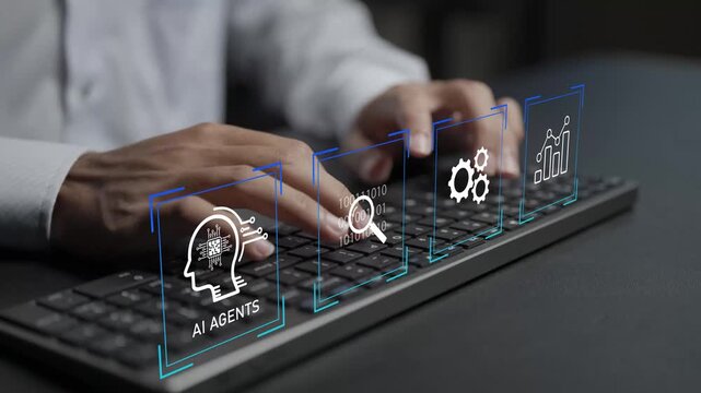 AI agents concept. Person typing keyboard with artificial intelligence and autonomous workflow icons, intelligent automation, digital assistants and business productivity enhancement.