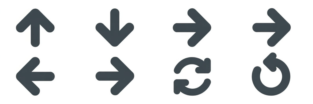 Collection of dark gray directional and refresh icons on a white background