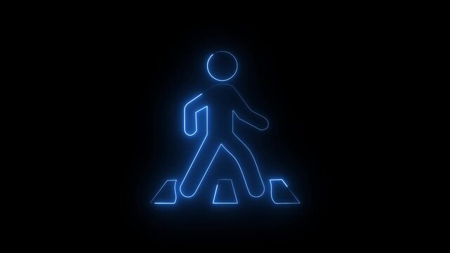 Blue neon pedestrian crossing icon glowing on black background for traffic safety and road sign concept.