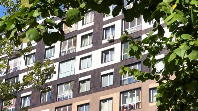 Modern apartment building facade with green tree leaves in a sunny setting
